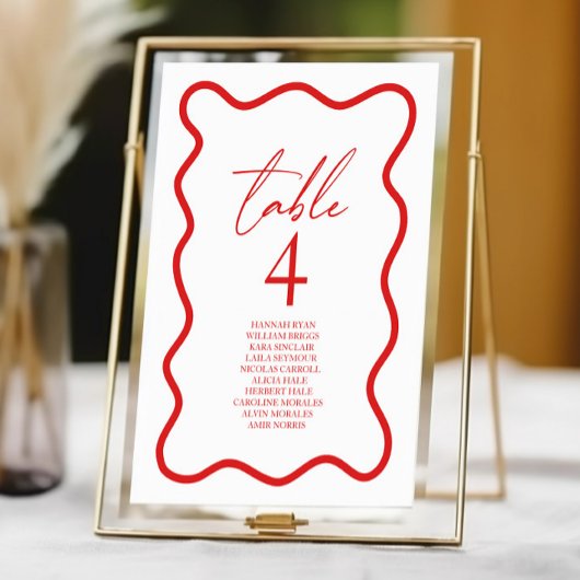 Numéro De Table Red White Elegant Wavy Border Wedding