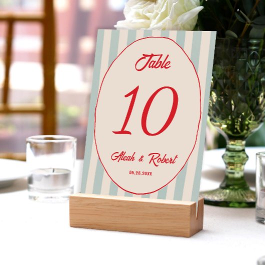 Numéro De Table Red Writing Blue Line Retro Wedding Table Number