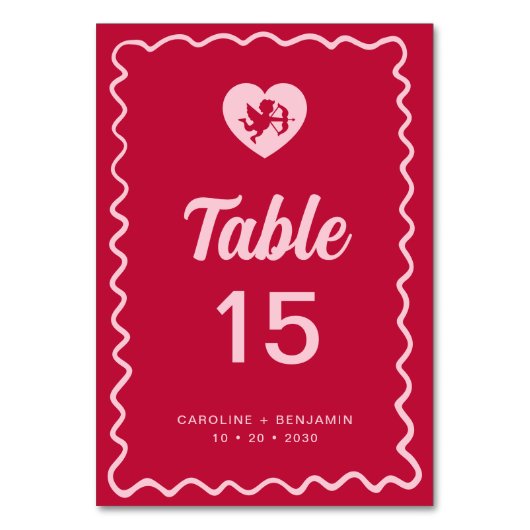 Numéro De Table Retro Fun Wavy Frame Red Pink Cupid Wedding (Dos)