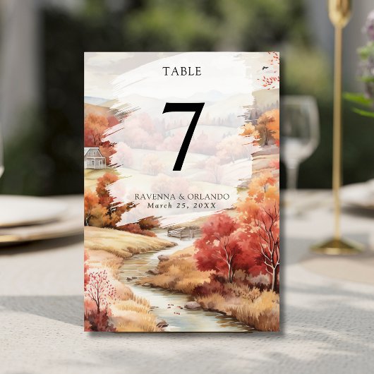 Numéro De Table Rivière Rouge Automne Forêt Mariage d'Automne