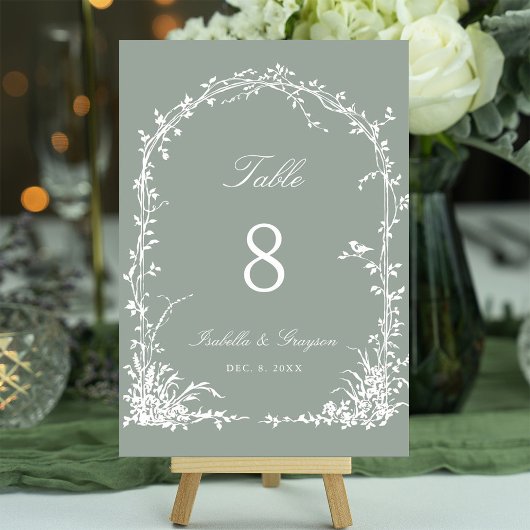 Numéro De Table Romantic Botanical Arch Garden Wedding Sage Green