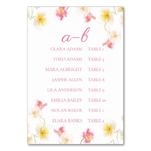 Numéro De Table Romantic Pink Floral Alphabet Seating Chart Card (Par défaut)
