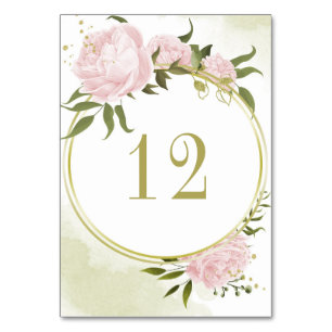 Numéro De Table Romantique fleurs roses verdure or couronne
