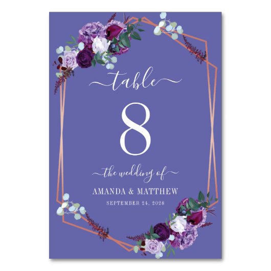 Numéro De Table Rose botanique violet Gold Frame Mariage (Dos)