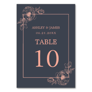 Numéro De Table Rose de charbon or Floral Outline Mariage