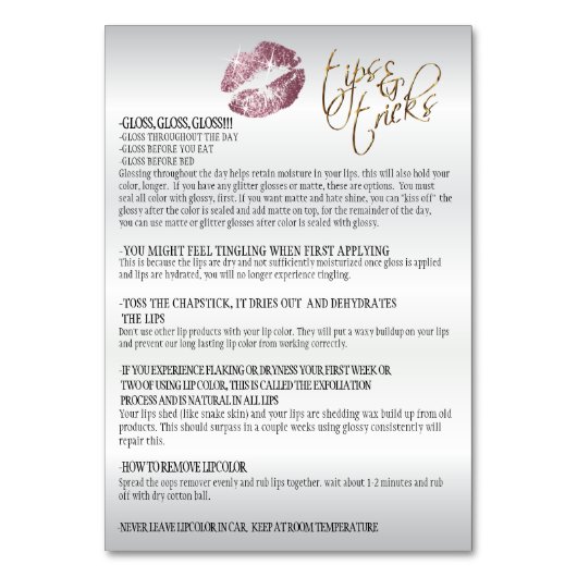 Numéro De Table Rose et or Confetti Lip Instructions 2 (Dos)