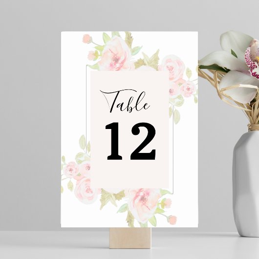 Numéro De Table Rose Florale Aquarelle Vert feuillage Rose Pâle