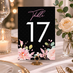 Numéro De Table Rose florale rose à l'aquarelle moderne noire