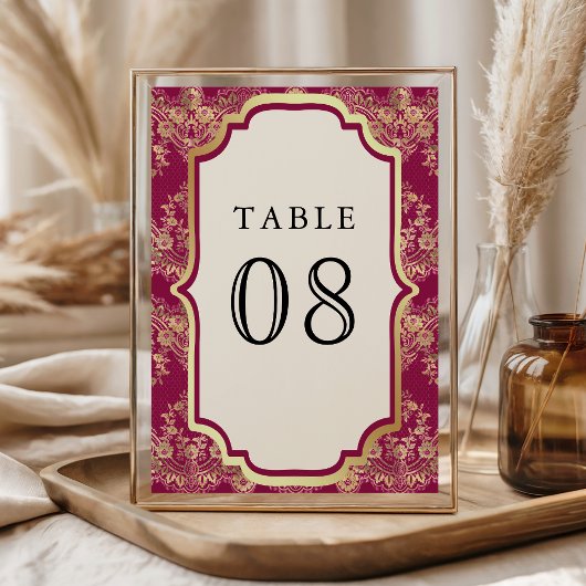 Numéro De Table Rose Fuschia Or Lace Dorée Mariage Indien