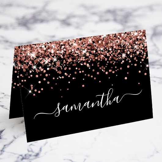 Numéro De Table Rose Gold Glitter Signature Name Black Place Cards