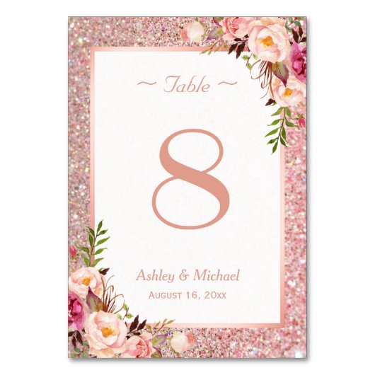 Numéro De Table Rose Gold Parties scintillant rose Floral Mariage  (Dos)