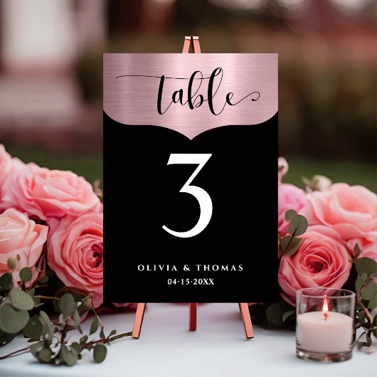 Numéro De Table Rose métallique chic Gold Black Script Mariage