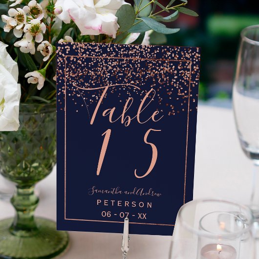 Numéro De Table Rose or confetti marine bleu script table mariage