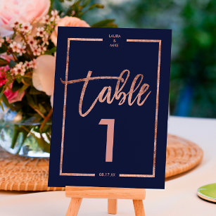 Numéro De Table Rose or frame script marine bleu table numéro