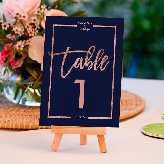 Numéro De Table Rose or frame script marine bleu table numéro