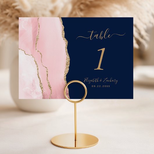 Numéro De Table Rose Pâle Or Agate Bleu Nuit Mariage