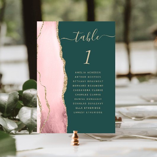 Numéro De Table Rose Pâle Or Agate Vert Émeraude Mariage