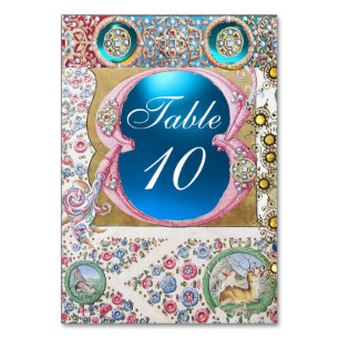 NUMÉRO DE TABLE ROSES ANCIENS, FLEURS ROSES, PIERRES BLEUES, PERLE