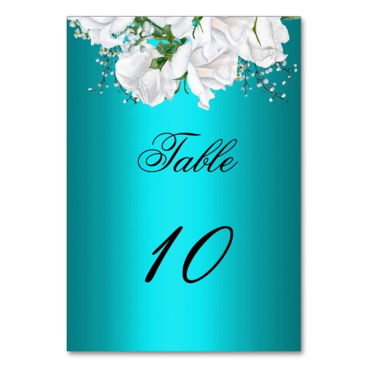 Numéro De Table Roses blanches et élégant mariage aqua (Dos)