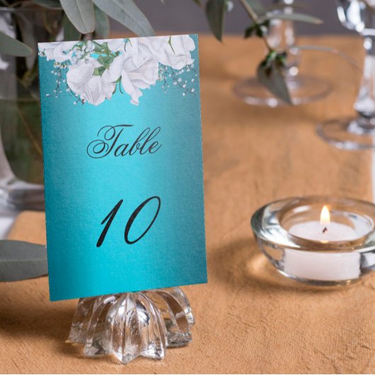Numéro De Table Roses blanches et élégant mariage aqua