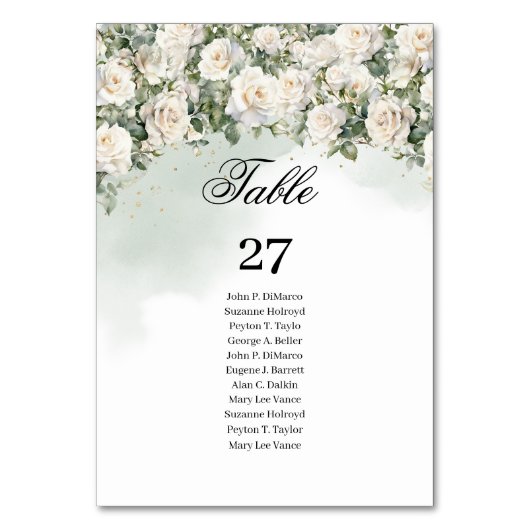 Numéro De Table Roses blanches romantiques Eucalyptus Vert et or (Par défaut)