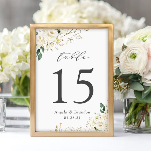 Numéro De Table Roses blanches vertes Floral Mariage Numéro de tab