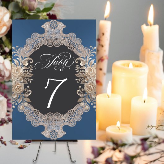 Numéro De Table Roses & Dentelle - Bleu