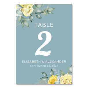 Numéro De Table Roses jaunes aquarelle florale romantique mariage 