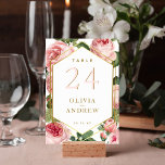 Numéro De Table Roses roses florales avec Mariage de cadre diamant<br><div class="desc">Elégant arrangement floral d'aquarelle botanique avec des cartes de table à cadre doré de style losange.</div>