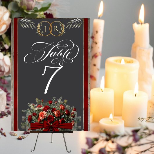 Numéro De Table Roses, Ruban & Monogramme - Rouge