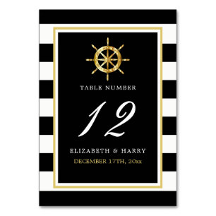 Numéro De Table Roue d'or nautique vintage, Mariage noir et or