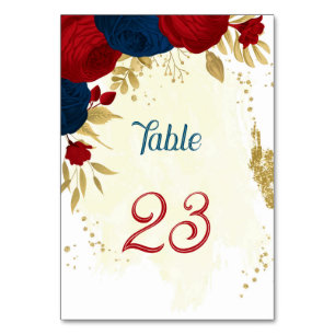 Numéro De Table rouge & bleu marine fleurs or feuille mariage