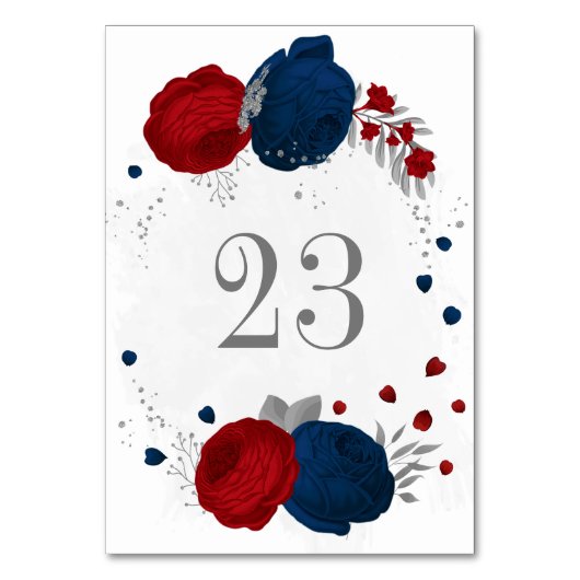Numéro De Table rouge & fleurs bleues marine feuilles argentées ma (Par défaut)