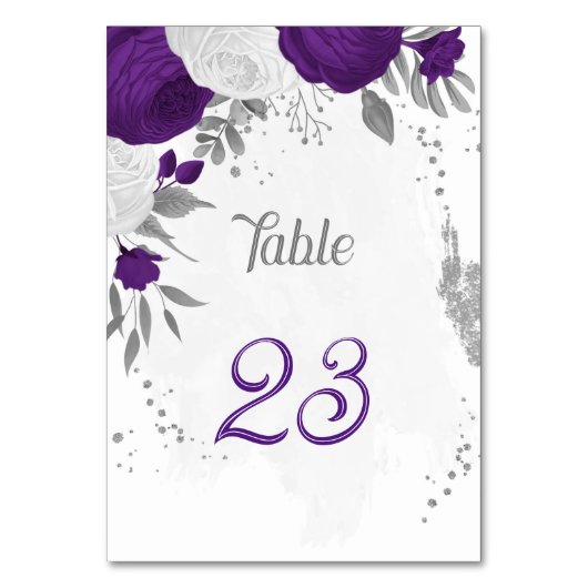 Numéro De Table royal violet blanc fleurs argent mariage (Dos)