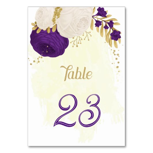 Numéro De Table royal violet blanc fleurs or mariage (Dos)