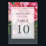 Numéro De Table Ruby Pink Peony Floral Mariage botanique<br><div class="desc">Elégante et moderne roubis rose peony carte de numéro de table fleurie mariage avec des fleurs d'aquarelle peintes dans le feuillage rose et vert luxuriant sur un arrière - plan noir chic. Ajoutez simplement les détails de votre mariage. Si vous avez besoin d'aide ou de produits correspondants, veuillez nous contacter...</div>