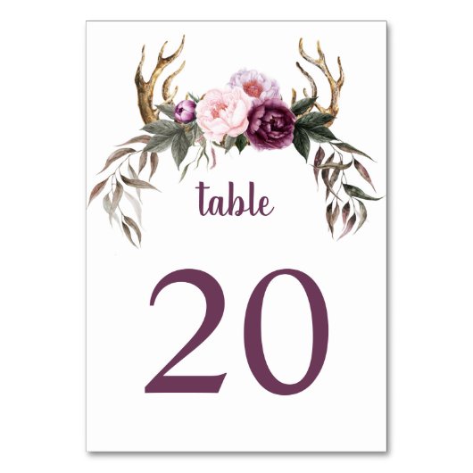 Numéro De Table Russe Boho Purple Plum Peonies Antlers Mariage (Par défaut)