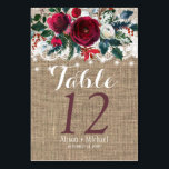 Numéro De Table Russe pays bourgogne mariage de pivoine numéro de<br><div class="desc">Numéro de table de mariage rustique d'hiver élégant (deux faces) avec texte modifiable avec des pivoines bordeaux et blancs foncés avec feuillage saisonnier vert pin, des cordes de lumières scintillantes et une bordure en dentelle blanche sur un arrière - plan beige imitation burlap. Idéal pour vos fêtes de Noël /...</div>
