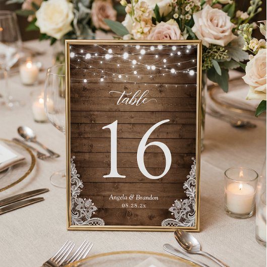Numéro De Table Rustic Country Wood Twinkle Mariage de dentelle