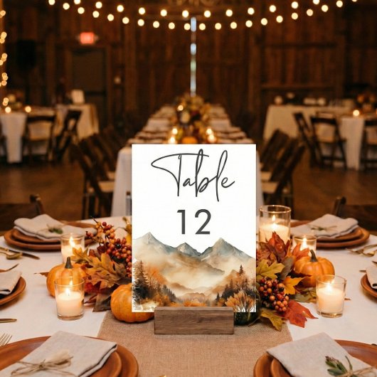 Numéro De Table Rustic Fall Mountain Scene Watercolor Wedding