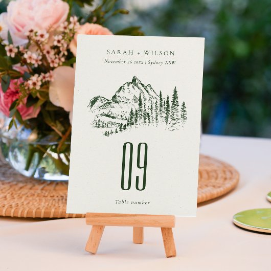 Numéro De Table Rustic Green Pine Woods Mountain Sketch Mariage