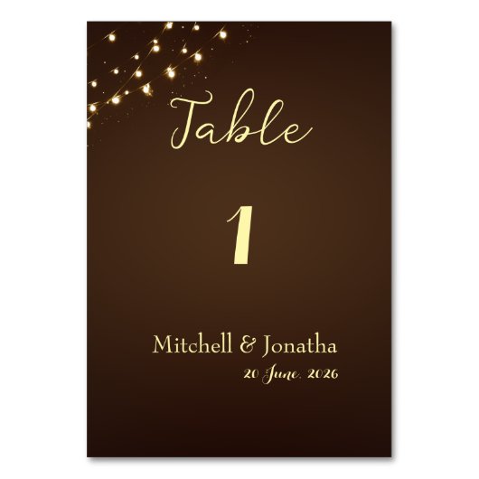 Numéro De Table Rustic String Lights Brown Photo Wedding Table  (Par défaut)