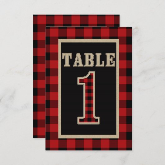 Numéro de table rustique à carreaux rouge et noir (Devant / Derrière)