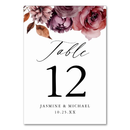 Numéro De Table Rustique Automne Marsala Floral Mariage (Dos)