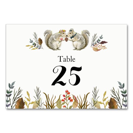 Numéro De Table Rustique Boho Forest Squirrels Mariage d'aquarelle (Devant)