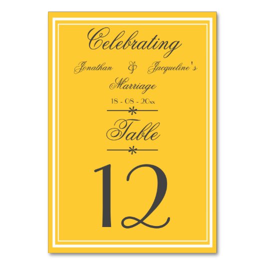Numéro De Table Rustique Chaud Jaune Fancy Mariage Script (Dos)