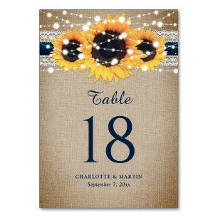 Numéro De Table Rustique Chic Navy Bleu Burlap Dentelle Tournesol