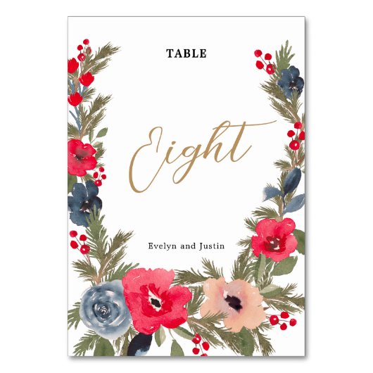 Numéro De Table Rustique Elégant hiver Floral rouge vert (Dos)