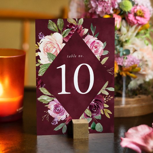 Numéro De Table Rustique rose bordeaux et violet Mariage floral