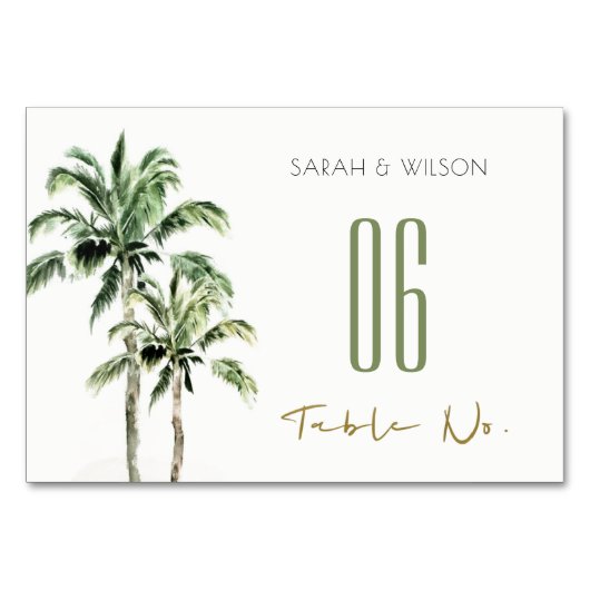 Numéro De Table Rustique Tropical Green Beach Palm Trees Mariage (Devant)